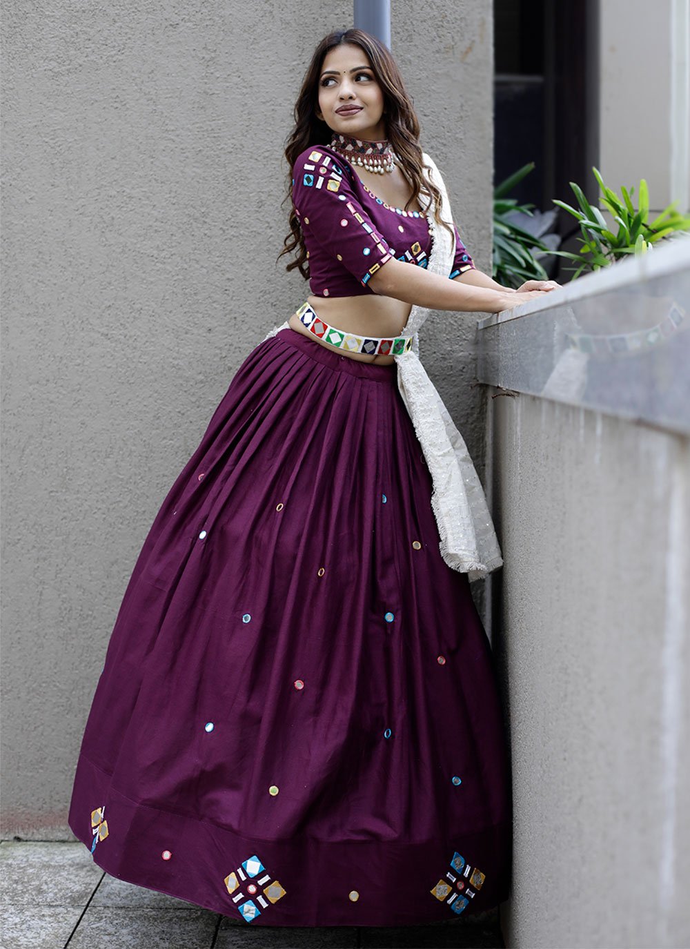 A Line Lehenga Cotton Wine Embroidered Lehenga Choli