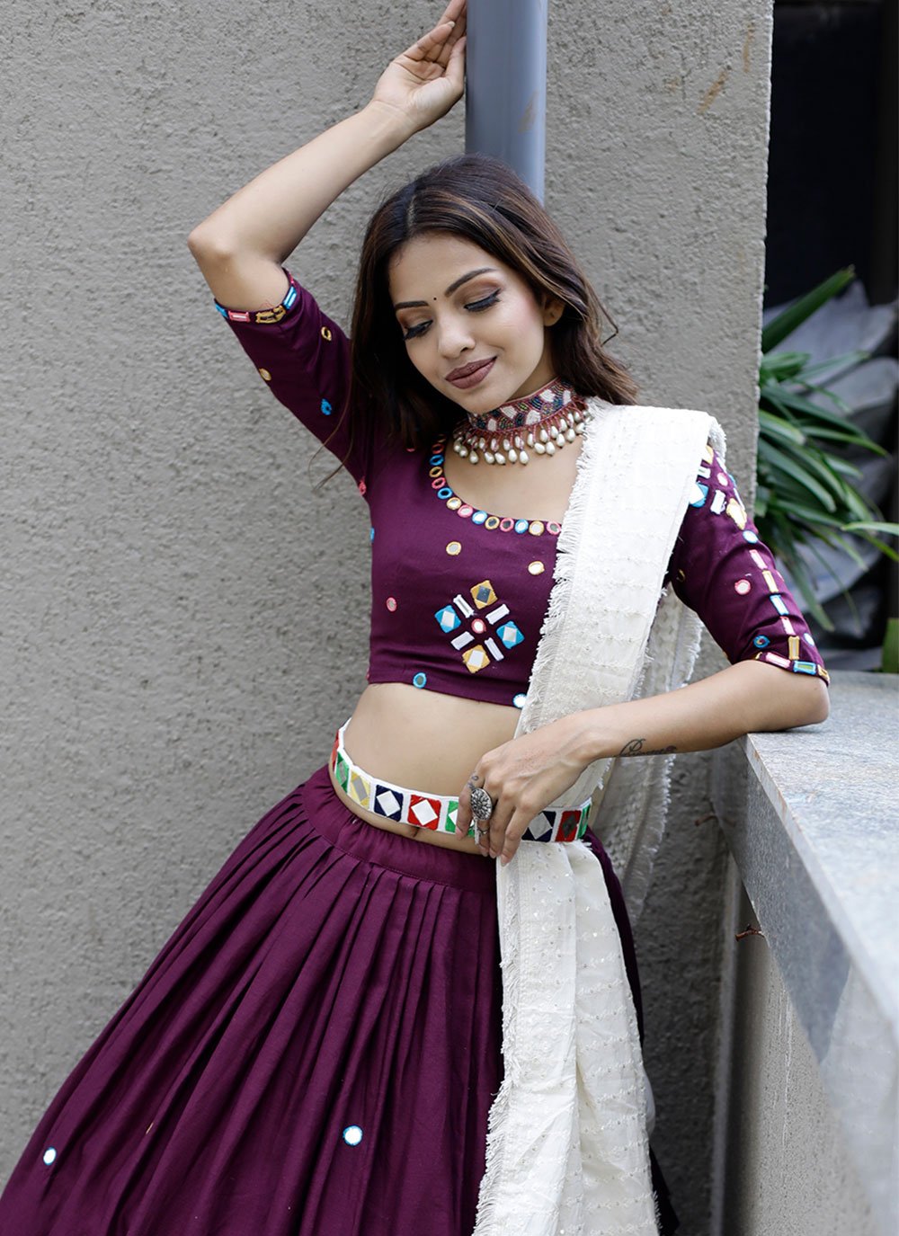 A Line Lehenga Cotton Wine Embroidered Lehenga Choli