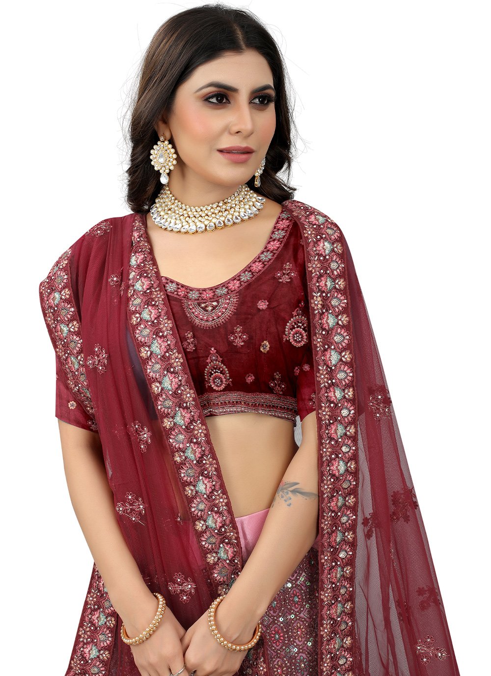 A Line Lehenga Net Wine Embroidered Lehenga Choli