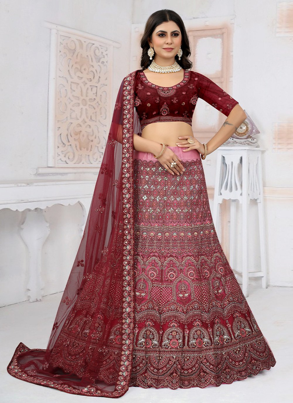 A Line Lehenga Net Wine Embroidered Lehenga Choli