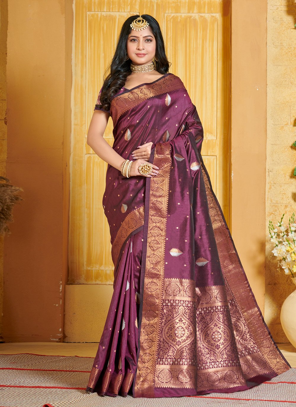 Traditional Saree Banarasi Silk Wine Embroidered Saree