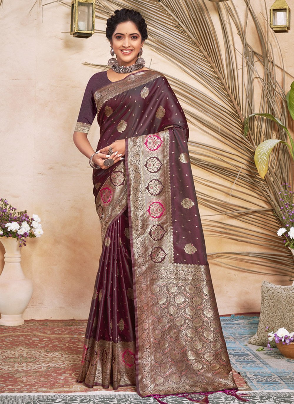 Traditional Saree Silk Wine Embroidered Saree