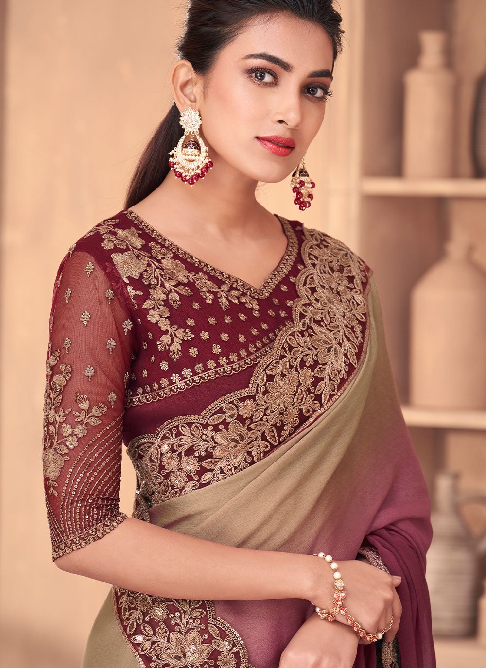 Shaded Saree Silk Wine Embroidered Saree