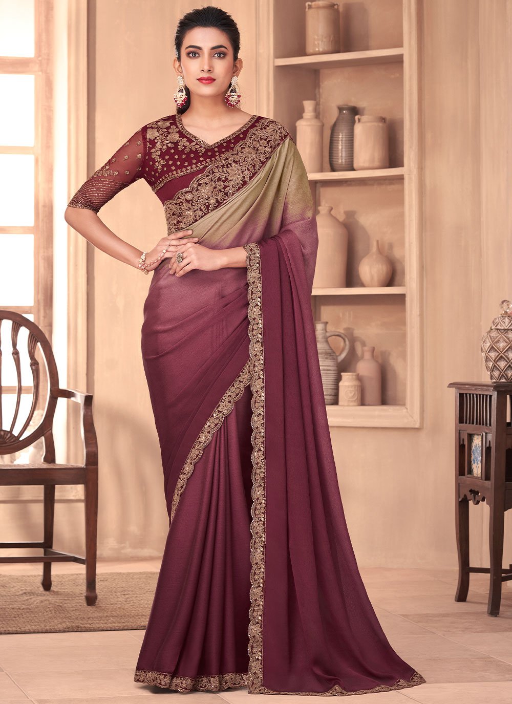 Shaded Saree Silk Wine Embroidered Saree