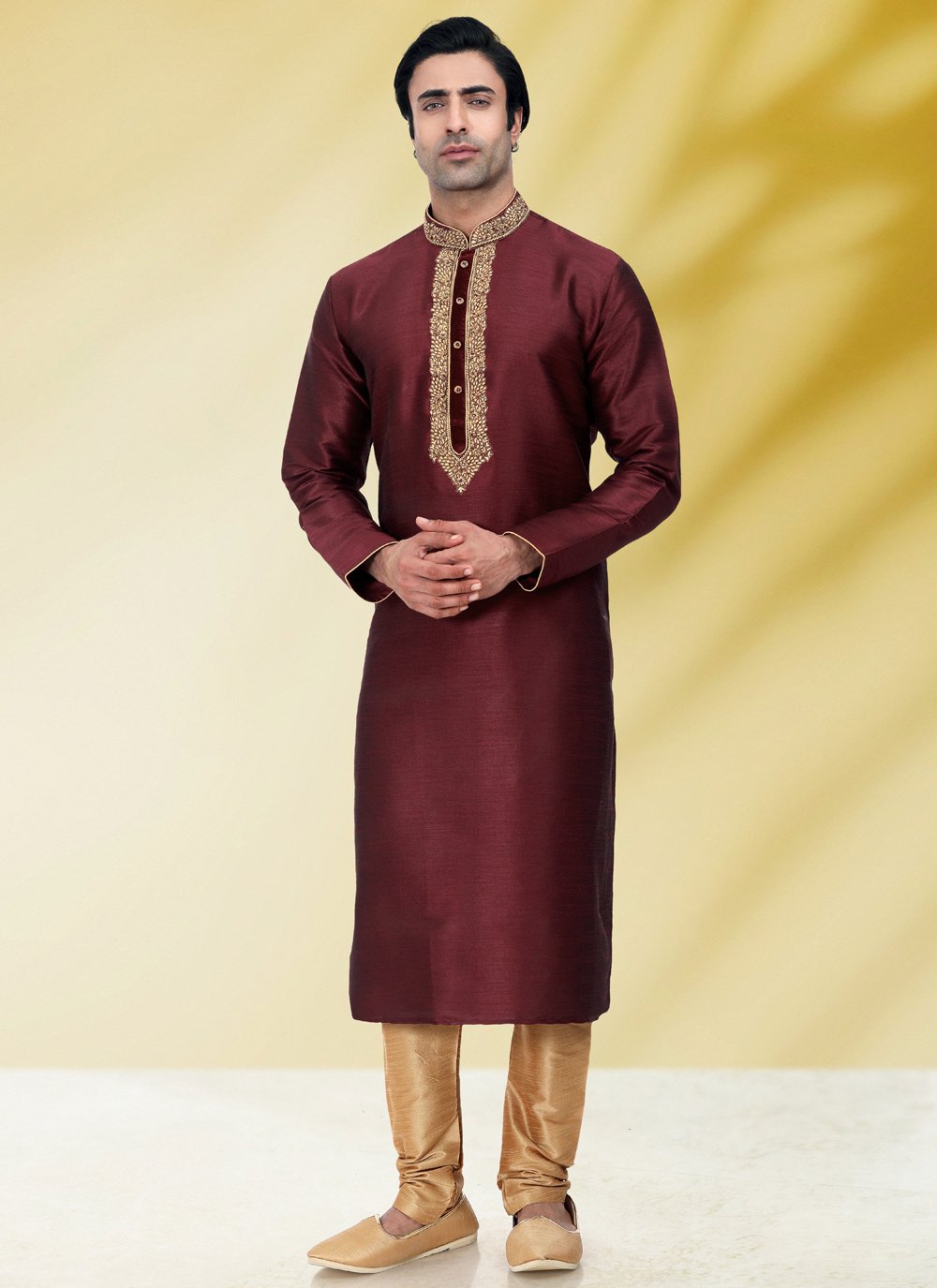 Kurta Pyjama Art Banarasi Silk Wine Embroidered Mens