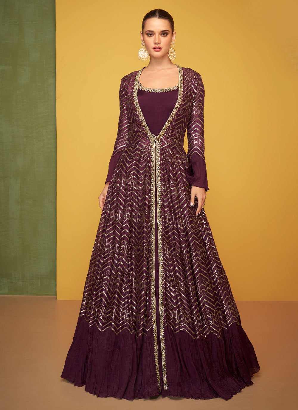 Anarkali Suit Georgette Wine Embroidered Salwar Kameez