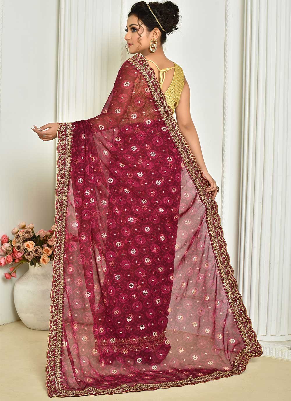 Classic Georgette Wine Embroidered Saree