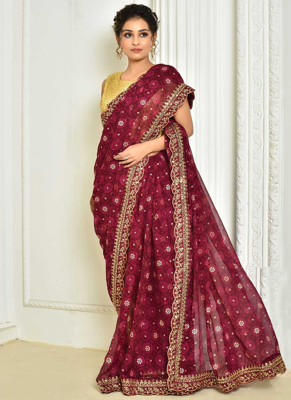 Classic Georgette Wine Embroidered Saree