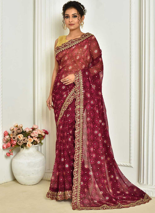 Classic Georgette Wine Embroidered Saree