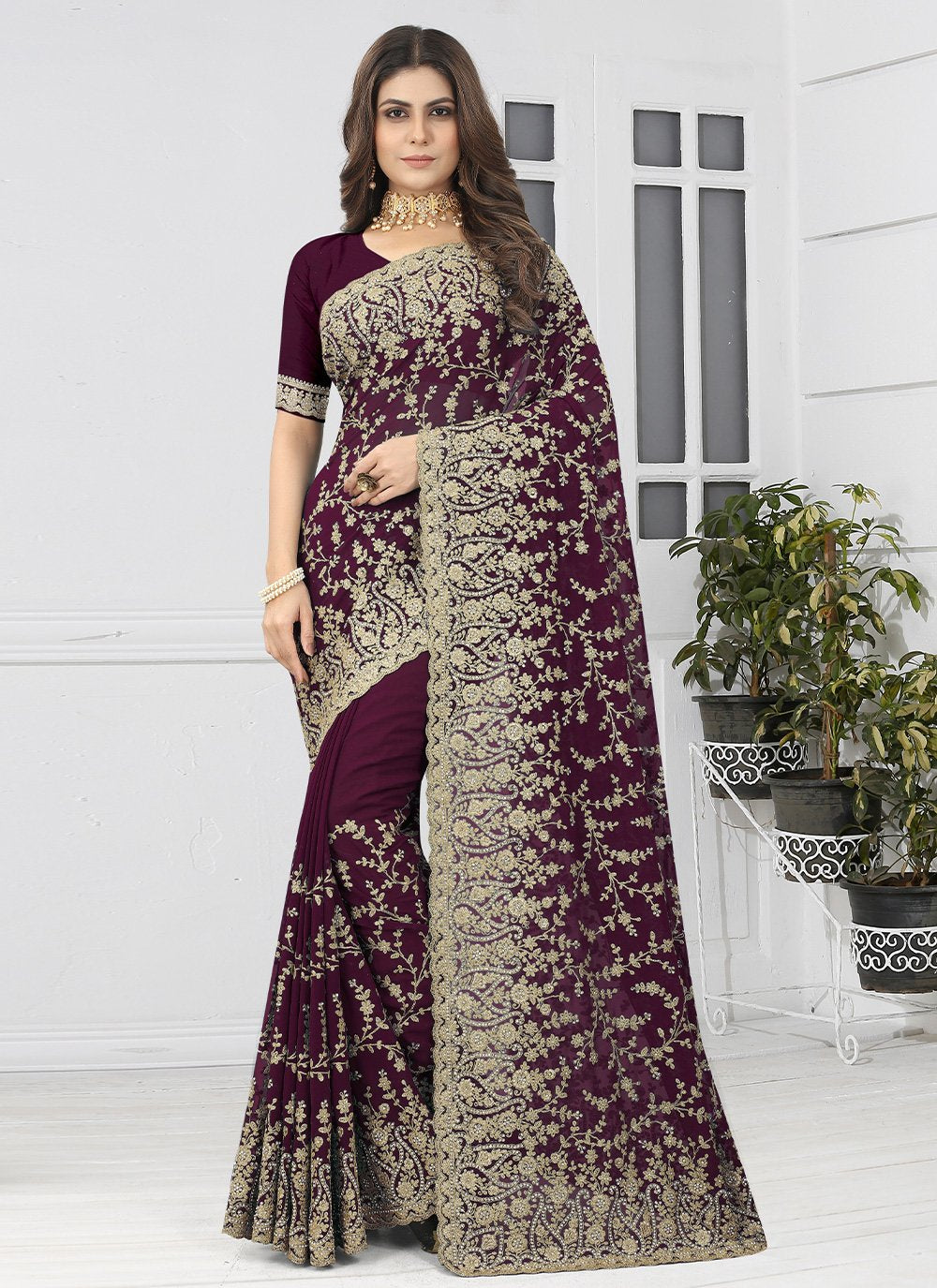 Classic Georgette Wine Embroidered Saree