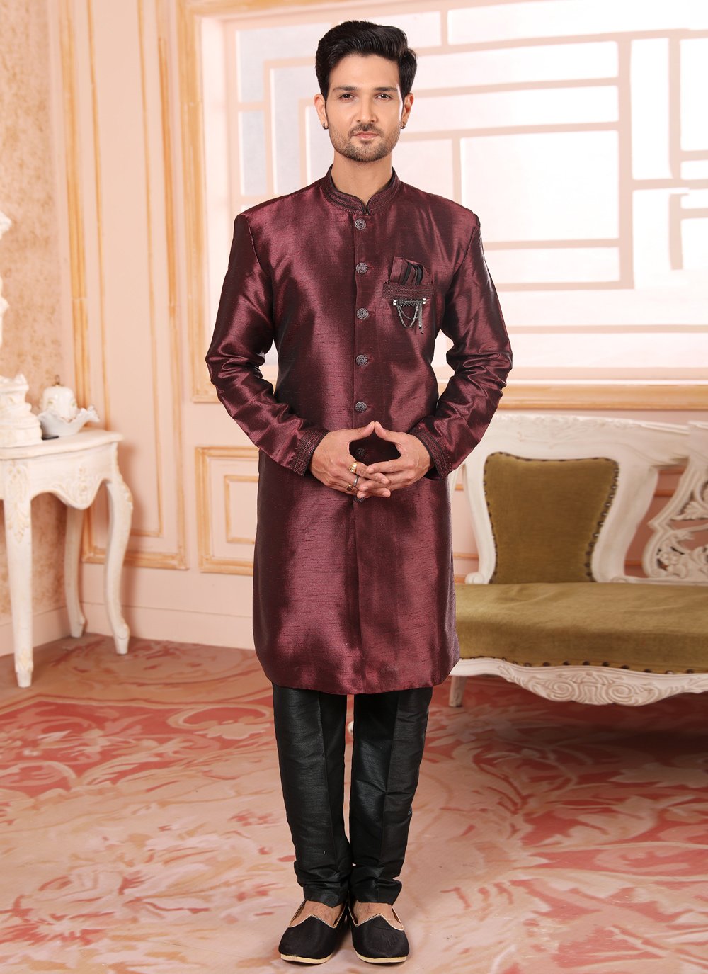 Indo Western Raw Silk Wine Embroidered Mens