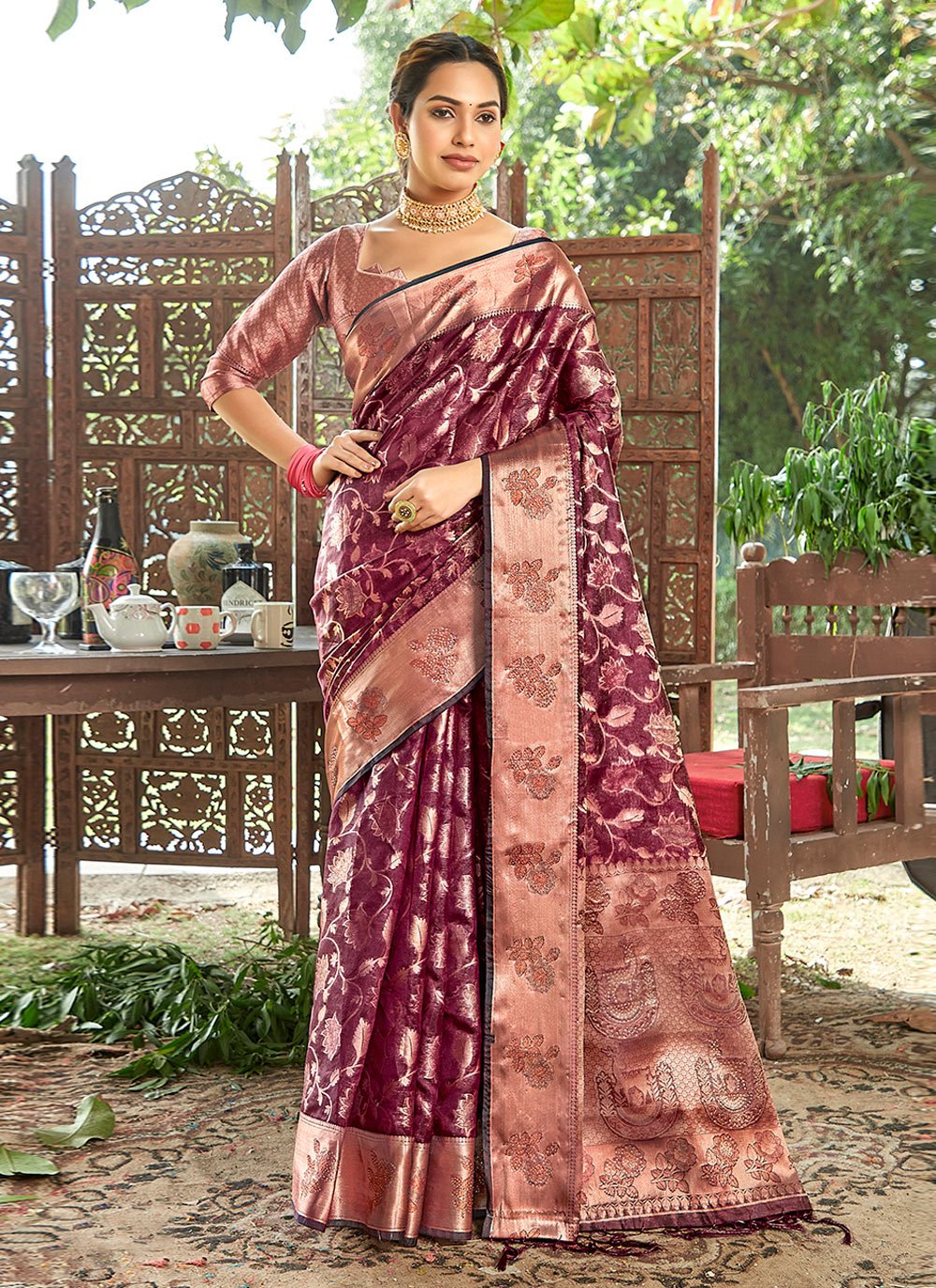 Trendy Saree Organza Wine Embroidered Saree