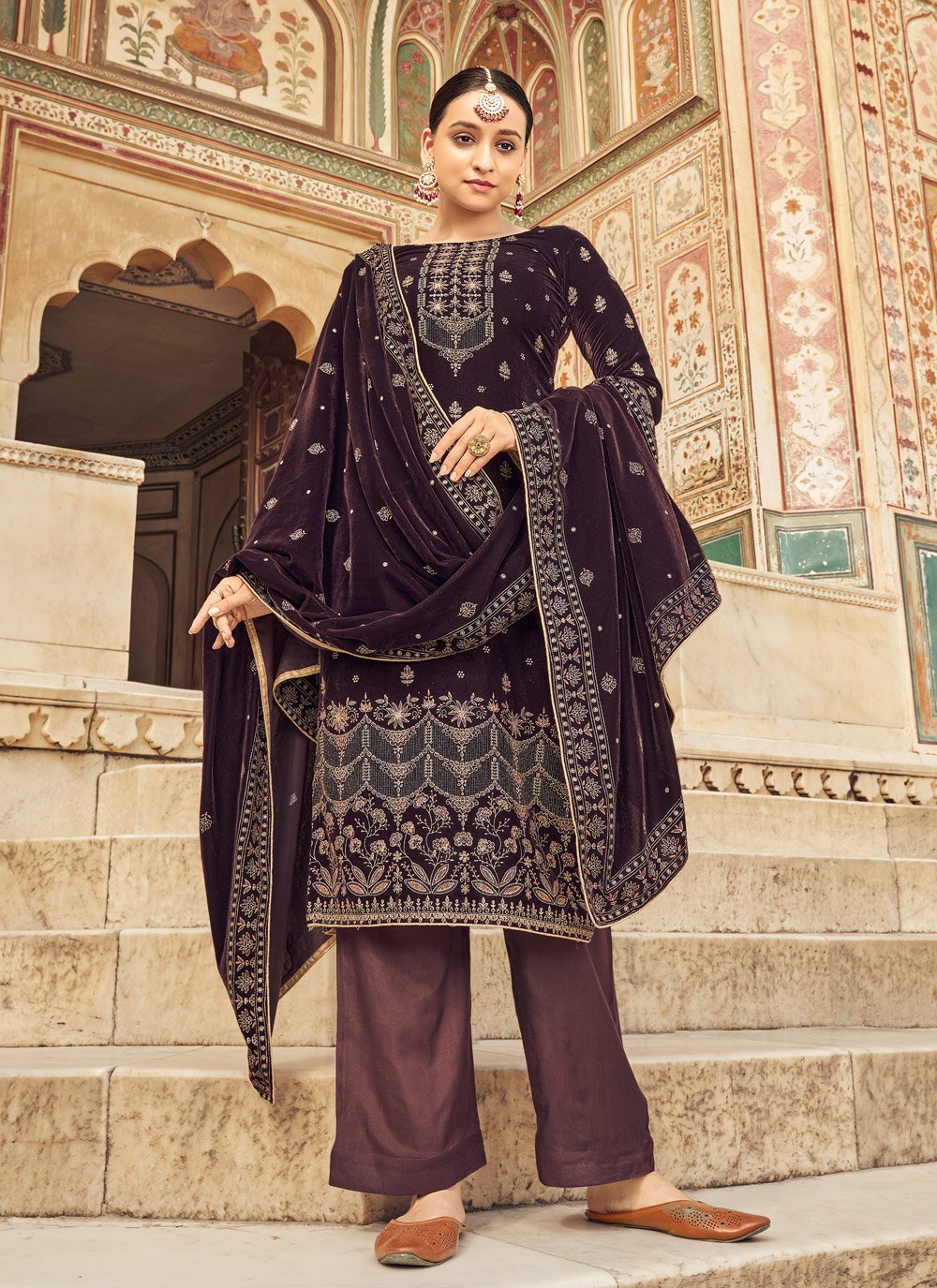 Palazzo Salwar Suit Velvet Wine Embroidered Salwar Kameez