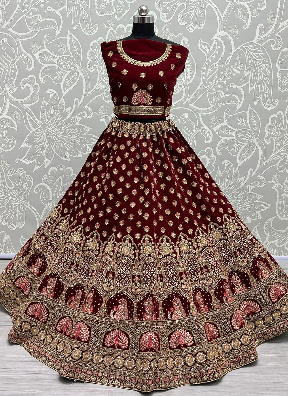 A Line Lehenga Velvet Wine Diamond Lehenga Choli