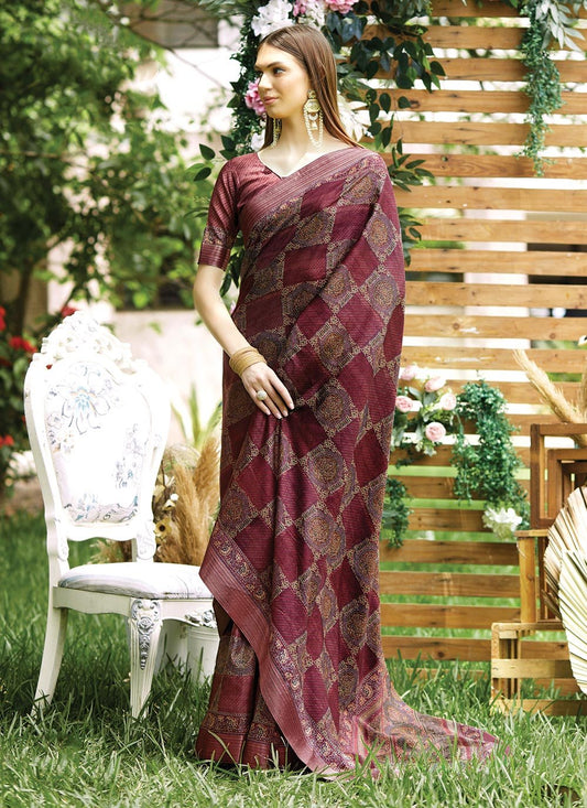 Classic Silk Wine Digital Print Saree