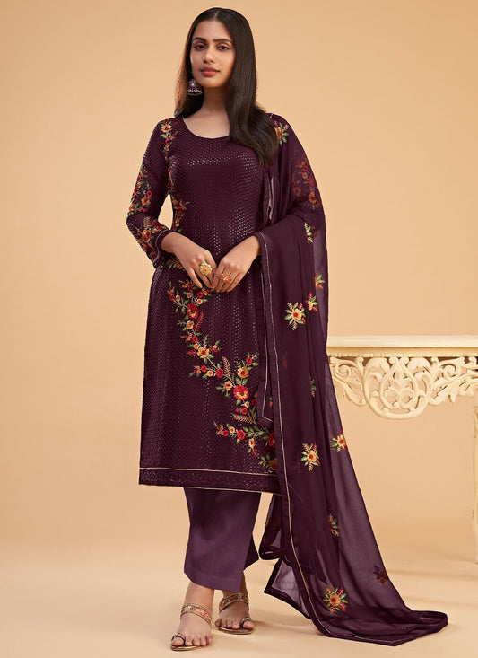 Straight Salwar Suit Georgette Wine Embroidered Salwar Kameez