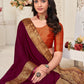 Contemporary Chinon Silk Wine Patch Border Saree