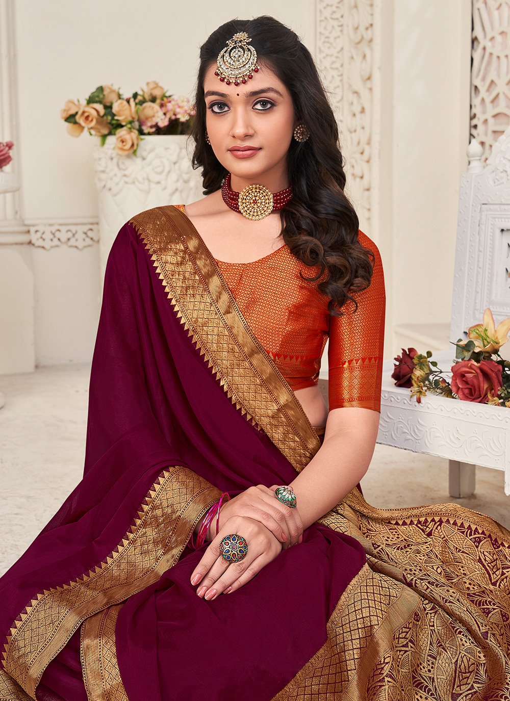 Contemporary Chinon Silk Wine Patch Border Saree