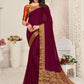 Contemporary Chinon Silk Wine Patch Border Saree