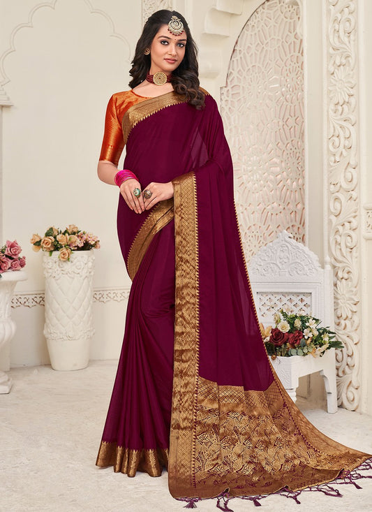 Contemporary Chinon Silk Wine Patch Border Saree