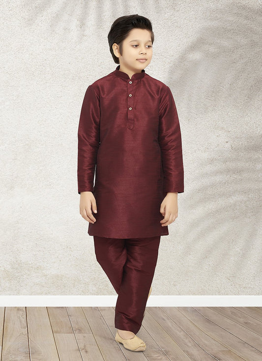 Kurta Pyjama Art Banarasi Silk Wine Plain Kids