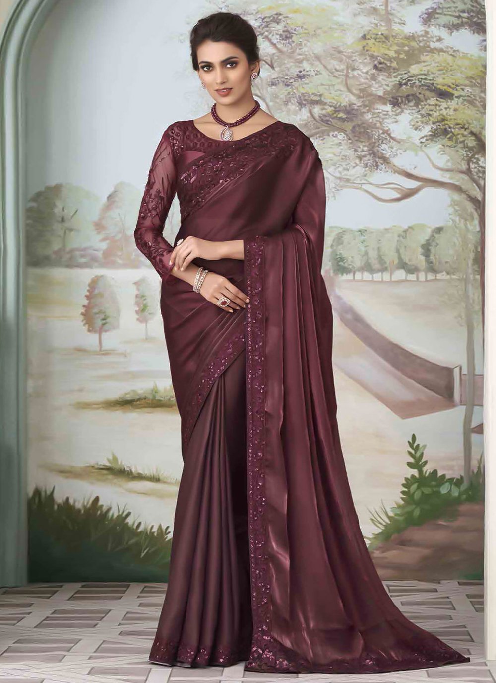 Contemporary Silk Wine Embroidered Saree