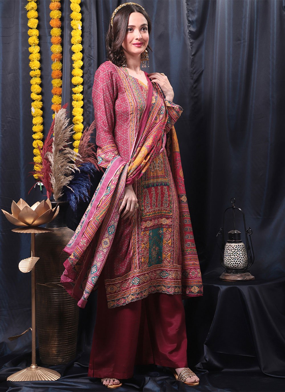 Straight Salwar Suit Muslin Wine Digital Print Salwar Kameez