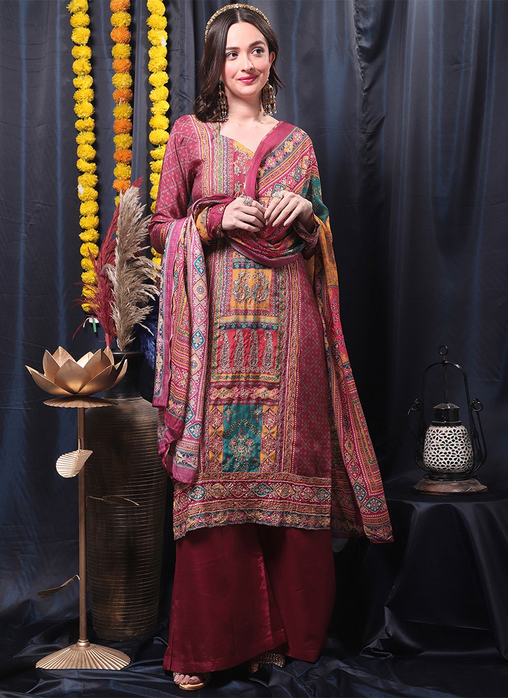 Straight Salwar Suit Muslin Wine Digital Print Salwar Kameez