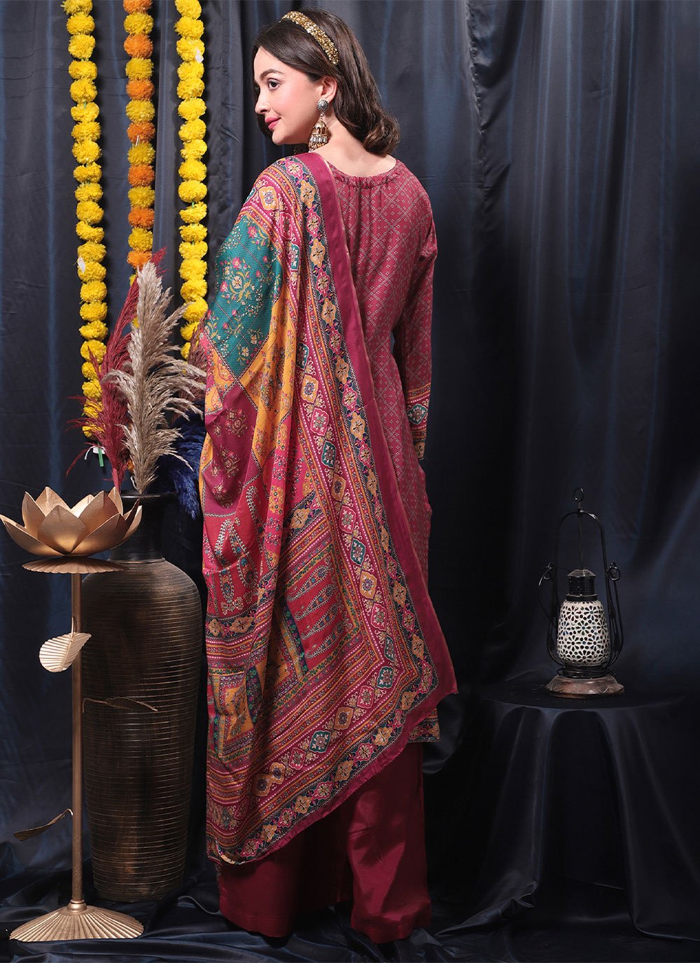 Straight Salwar Suit Muslin Wine Digital Print Salwar Kameez