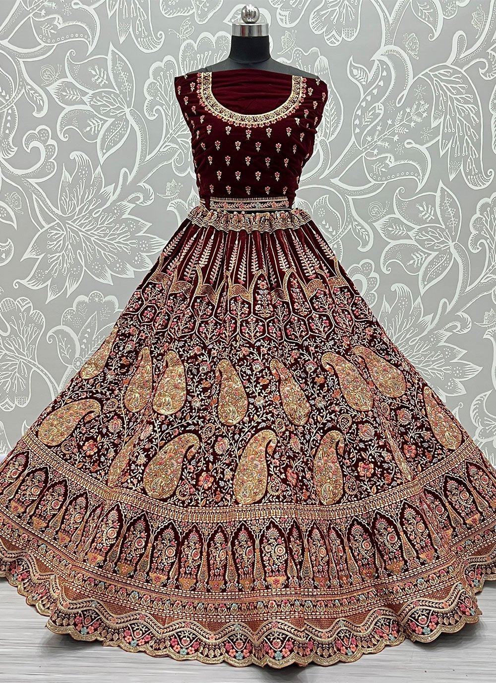 Lehenga Choli Velvet Wine Diamond Lehenga Choli