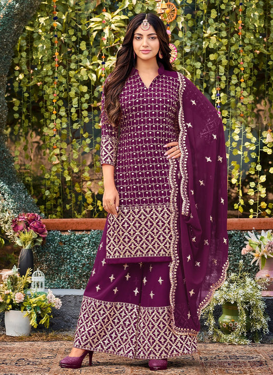 Palazzo Salwar Suit Faux Georgette Wine Embroidered Salwar Kameez