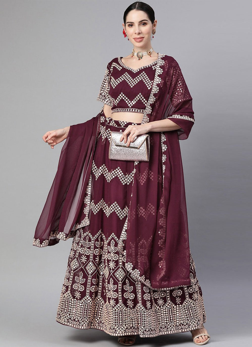 A Line Lehenga Georgette Wine Embroidered Lehenga Choli