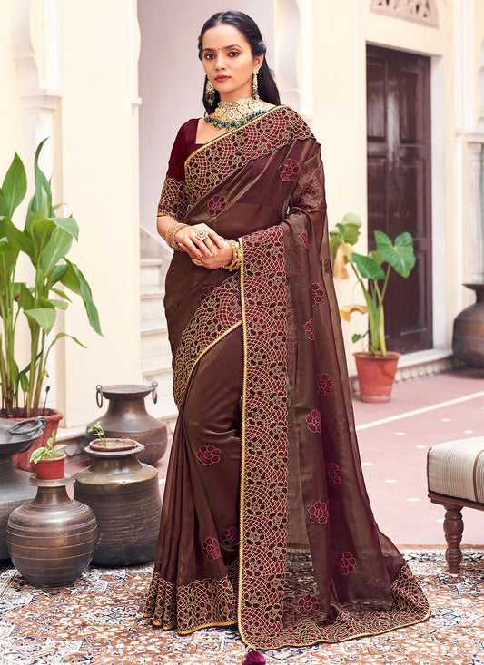 Designer Georgette Wine Patch Border Saree