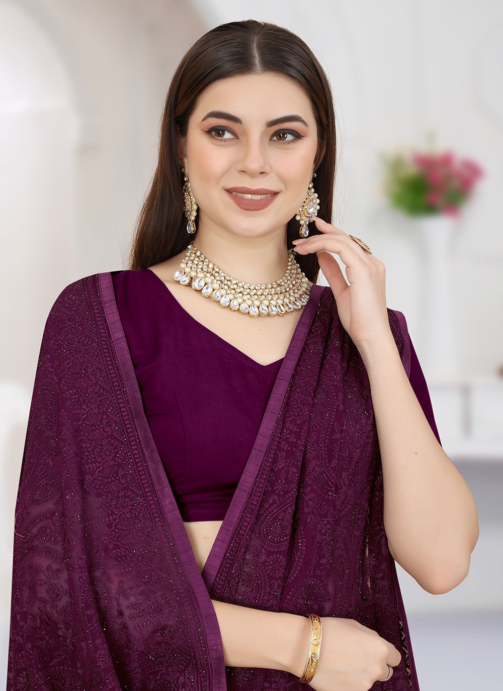 Classic Georgette Wine Embroidered Saree