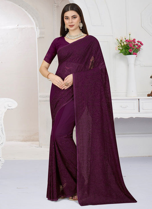 Classic Georgette Wine Embroidered Saree