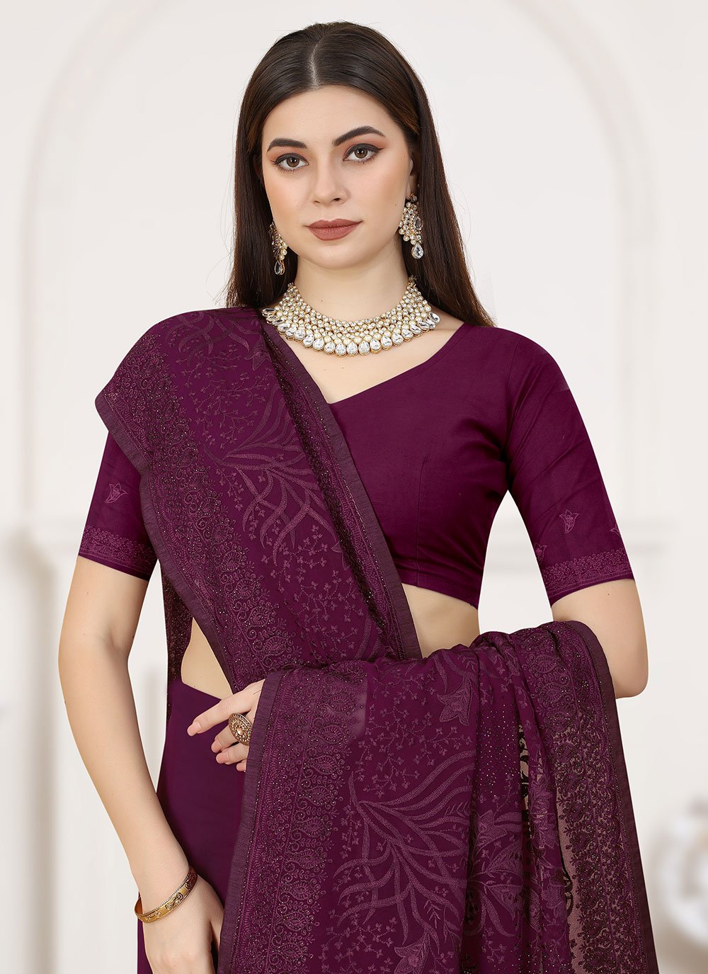 Classic Georgette Wine Embroidered Saree