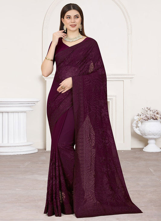 Classic Georgette Wine Embroidered Saree