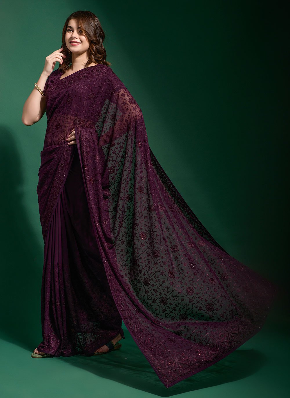 Contemporary Georgette Wine Diamond Saree