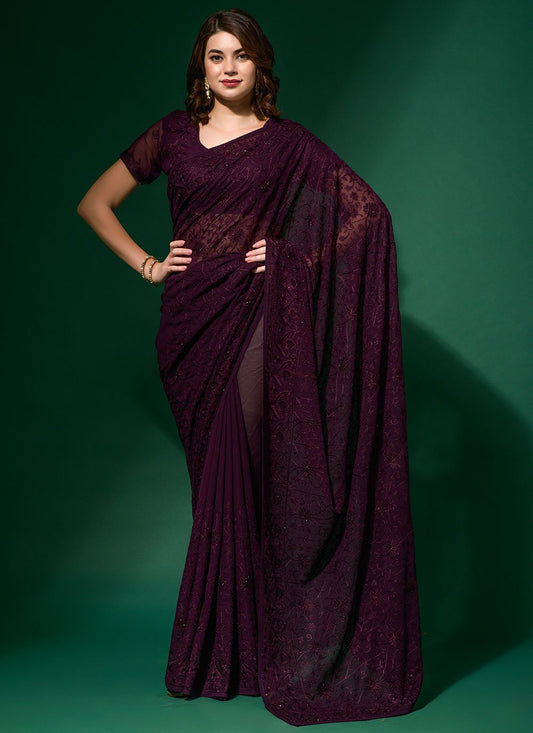 Contemporary Georgette Wine Diamond Saree