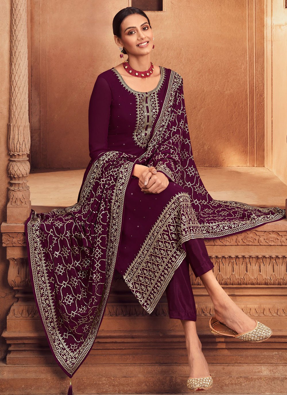 Pakistani Salwar Suit Georgette Wine Embroidered Salwar Kameez