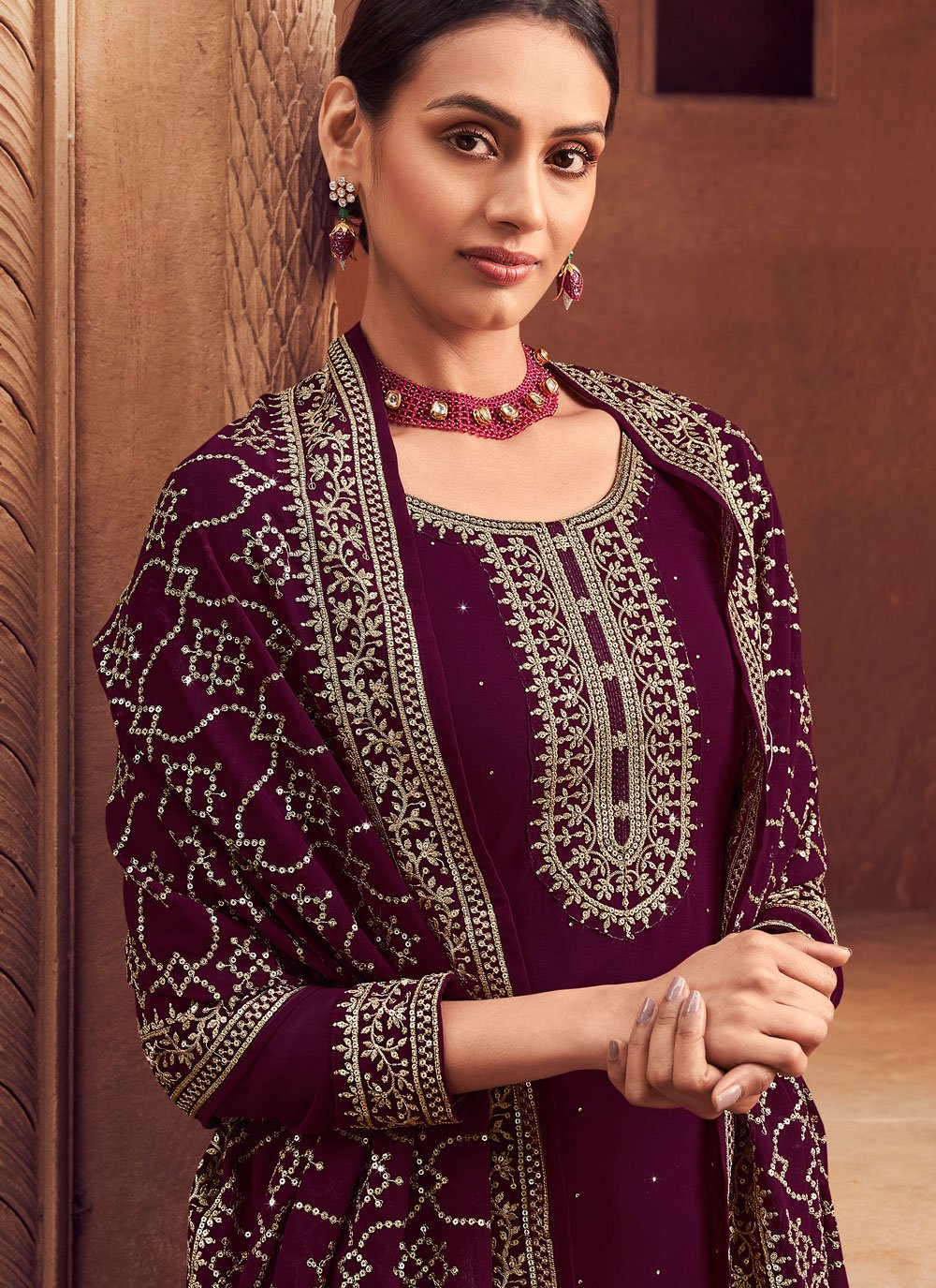 Pakistani Salwar Suit Georgette Wine Embroidered Salwar Kameez