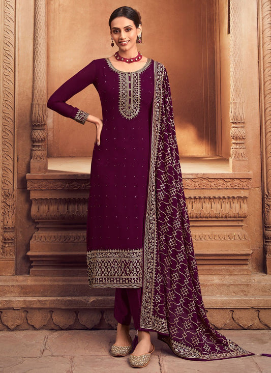 Pakistani Salwar Suit Georgette Wine Embroidered Salwar Kameez