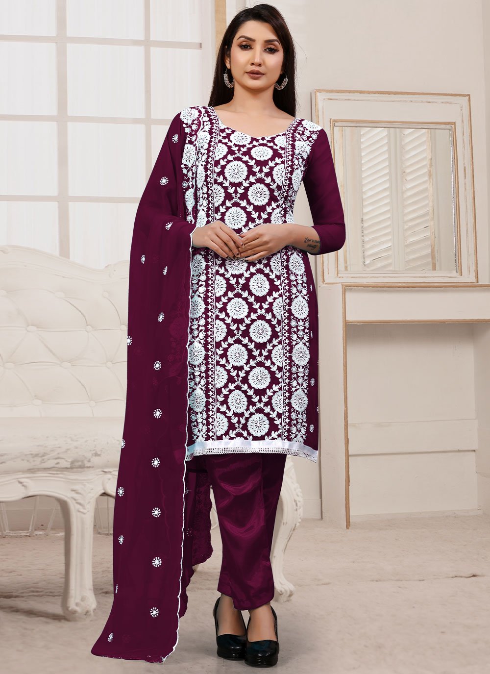 Salwar Suit Georgette Wine Embroidered Salwar Kameez