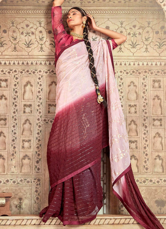 Contemporary Georgette Wine Embroidered Saree