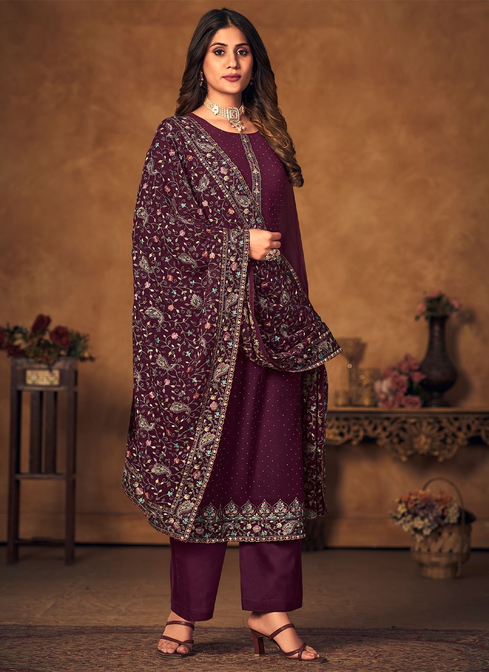 Palazzo Salwar Suit Georgette Wine Crystals Salwar Kameez