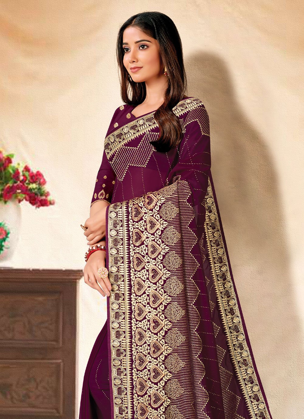 Classic Georgette Wine Embroidered Saree