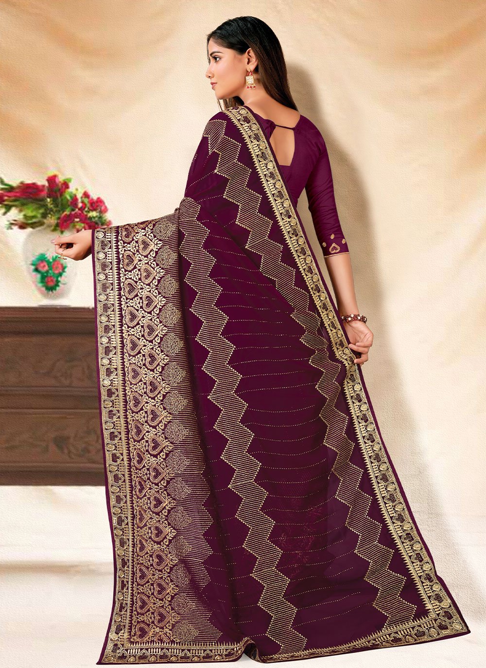 Classic Georgette Wine Embroidered Saree