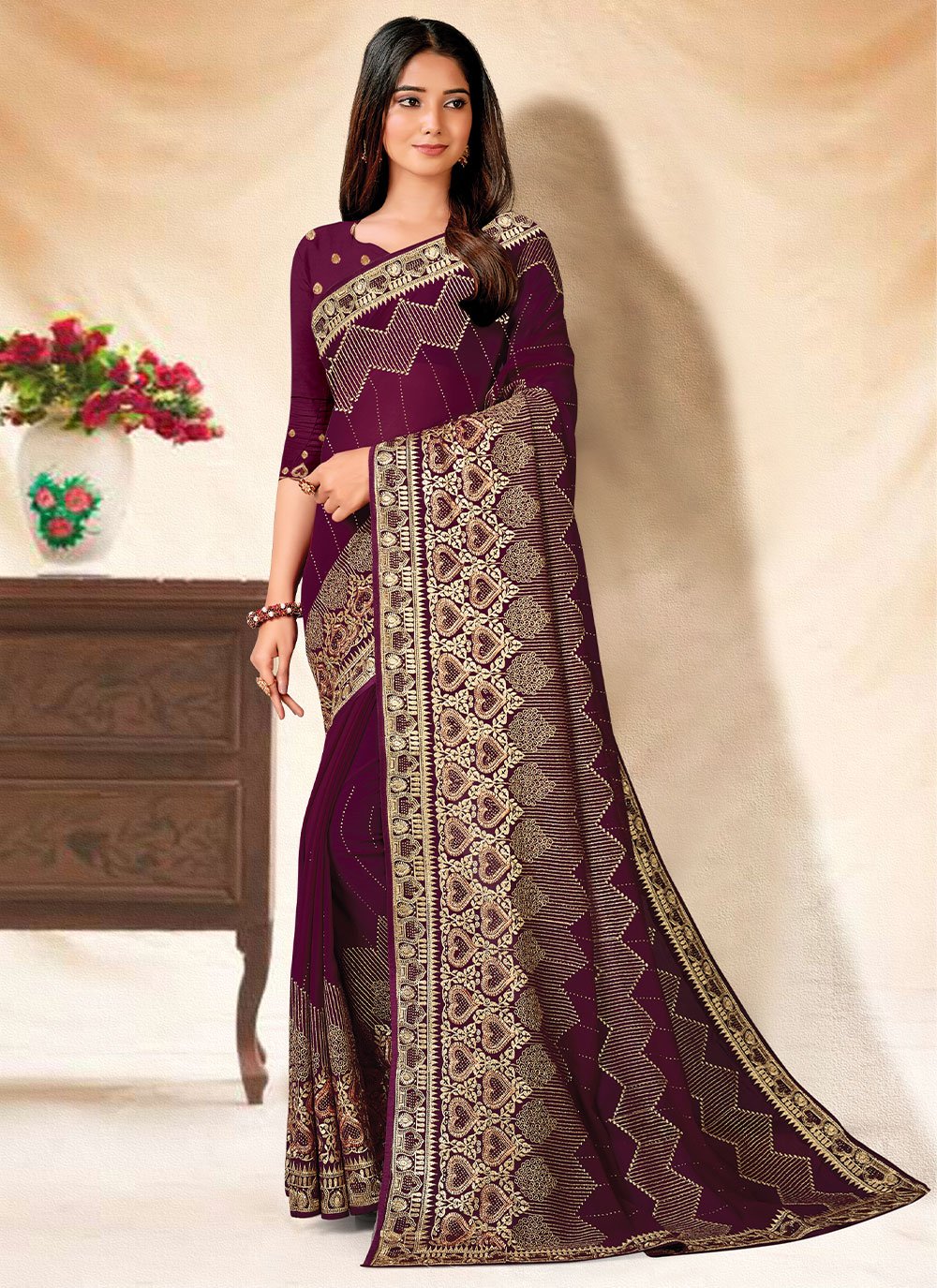 Classic Georgette Wine Embroidered Saree