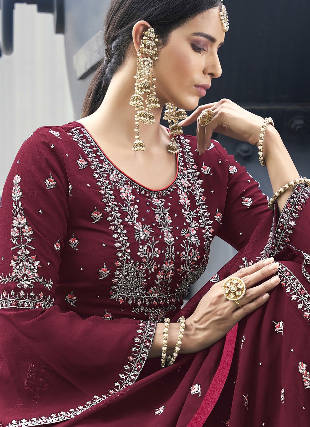 Salwar Suit Georgette Wine Embroidered Salwar Kameez