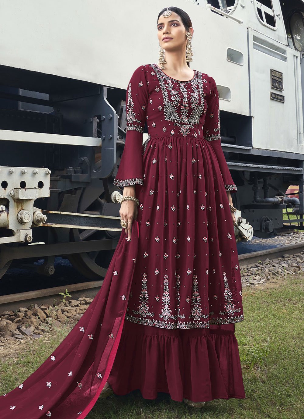 Salwar Suit Georgette Wine Embroidered Salwar Kameez